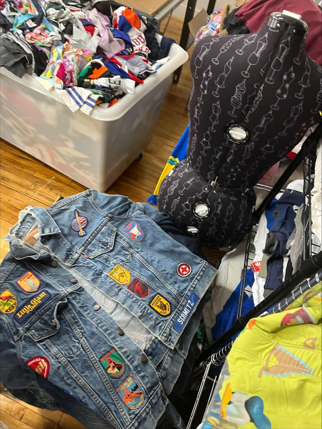 A stylish upcycled quilt jacket made from various fabric cut-offs at GOAT Vintage Hamilton, showcasing creative reuse and sustainable fashion.