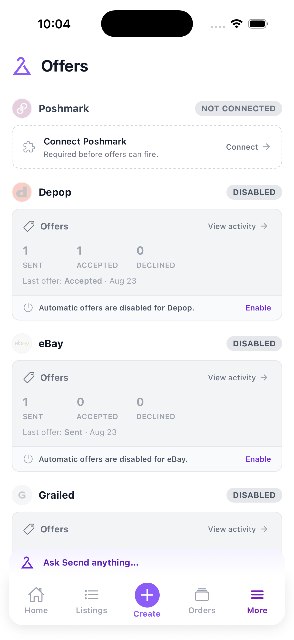 Offer marketplace cards with connection status and recent activity