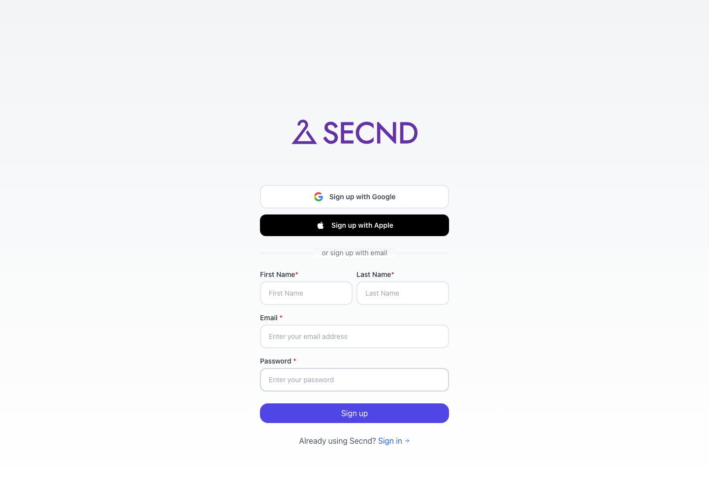 SECND sign-up form with Google, Apple, and email options