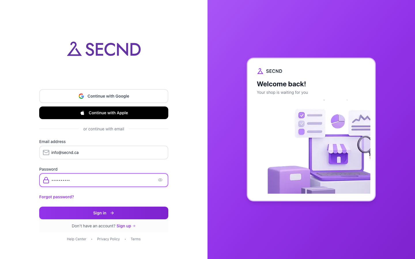 SECND sign-in page