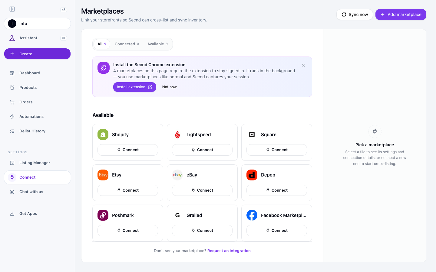 SECND Marketplaces page with Connect buttons for every supported platform